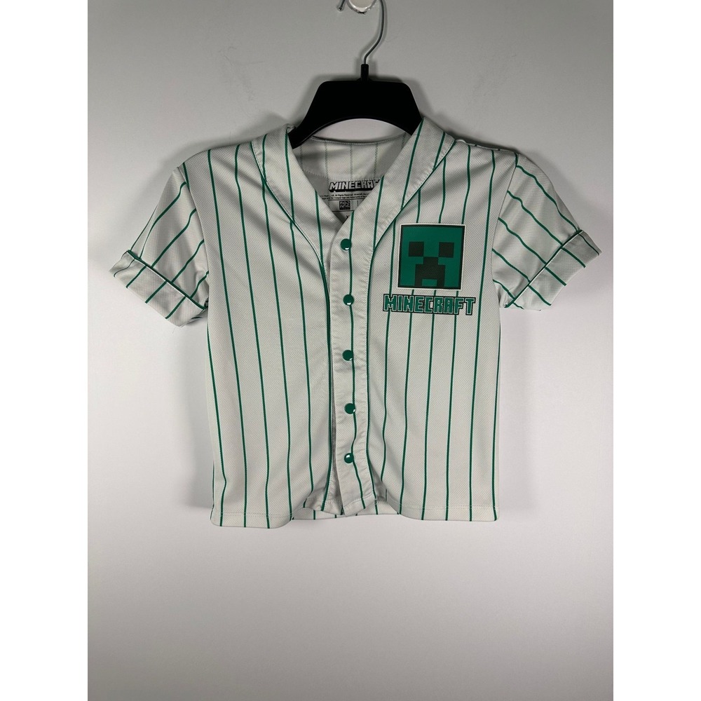 Minecraft Jersey Boys XS Creeper Pinstripe Snap Button Short Sleeve White Green